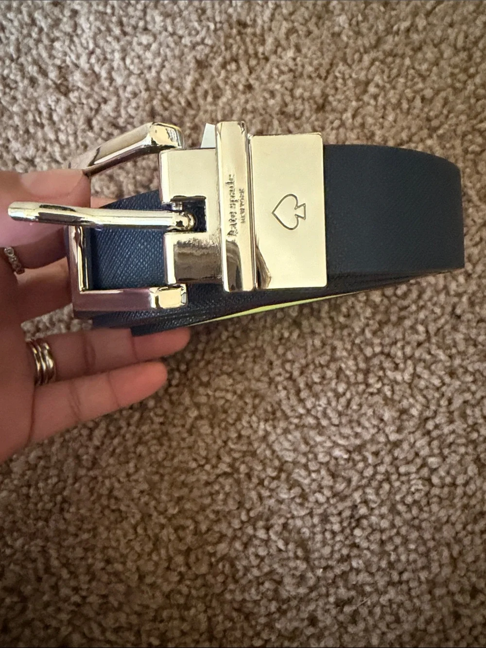 kate spade navy leather belt with gold-tone buckle and heart detail